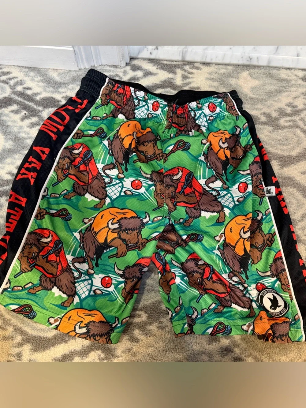 Green Buffalo Print Boys' Athletic Shorts with Side Stripe